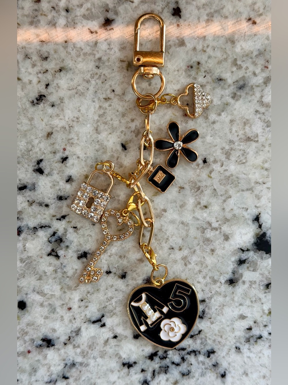 Handmade Black Enamel Heart Charm Keychain Gold tone